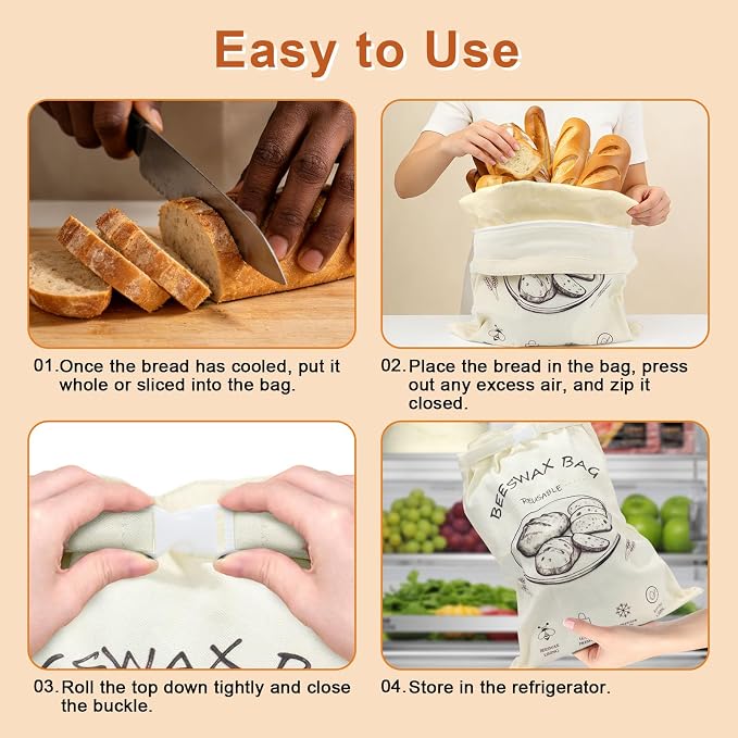 Beeswax Bread Bag 2 Pack, Reusable Organic Cotton Beeswax Bread Bags for Sourdough Homemade Bread, 17x13 Inch Large Capacity, Eco-Friendly, Keep Fresh, Locks in Moisture, Lock Closure, Easy to Clean