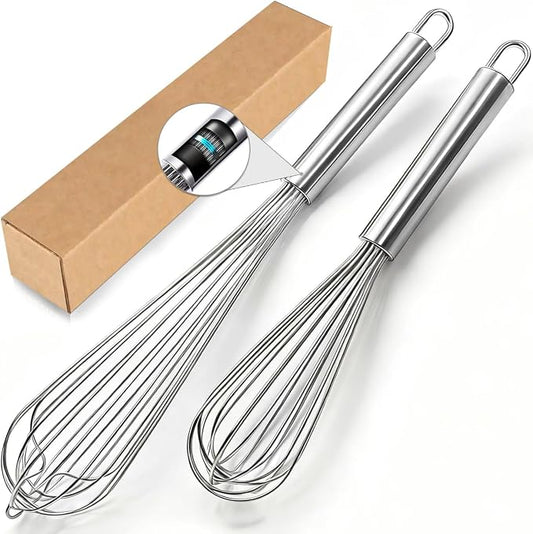 18/10 Stainless Steel Large Whisk Set of 2, 15.5 inch Heavy Duty Long Whisk and 12 inch Whisks, Suitable for Deep Pots or Big Bowl, Mixing, Beating, Blending