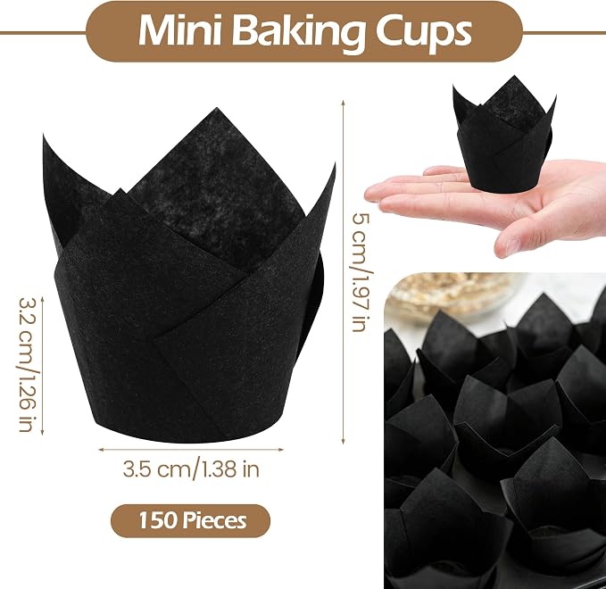 Ruisita 150 Pcs Mini Cupcake Liners Muffin Liners Baking Cups | Tulip Cupcake Liner for Baking Wedding, Birthday, Baby Shower Parties, Black