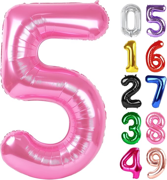 Pink Number 5 Balloon 40 Inch, 5th Birthday Party Decorations for Children, Giant 5 Foil Balloon for Party Supplies