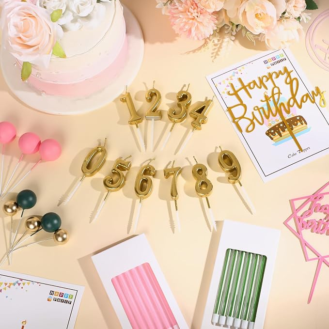 Yerliker 34 Pcs Happy Birthday Cake Toppers Decorations Birthday Candles DIY Cake Decor for Men Women Wedding Anniversary(Gold Green Pink)