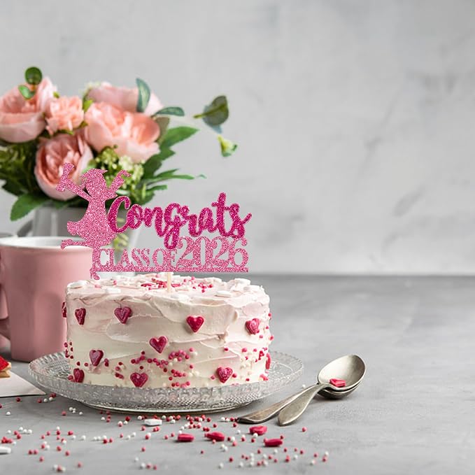1 Pack Congrats Class of 2026 Cake Toppers Graduation Girl Cake Picks Glitter 2026 Graduation Cake Decorations for Theme High School Girls Graduate Cake Decorations Party Supplies Pink 2