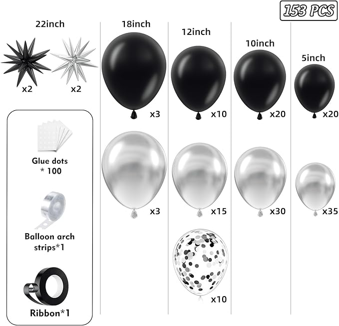 153Pcs Black and Silver Balloons Garland Arch Kit with Stars - 22 18 12 10 5 inch Different Size Black Metallic Silver Confetti Latex Balloon for Birthday Graduation New Year Party Decorations