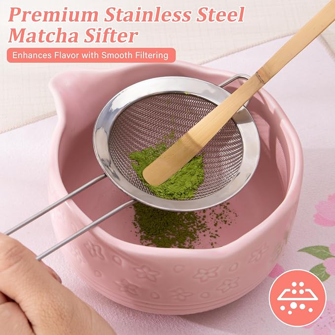 ALBISS Matcha Whisk Gift Set - 7Pcs Ceramic Matcha Kit with 18oz Bowl & Cherry Blossom Design, Bamboo Whisk & Holder, Scoop, Rest, Sifter, Towel, Elegant Japanese Tea Set for Women Macha Lovers, Pink