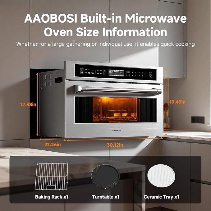 AAOBOSI 30 Inch Built-in Microwave and Convection Oven Combination, 1.6 Cu. Ft. Wall Oven Microwave Combos, Stainless Steel Finish, Touch Control LCD Display, Sensor Cook