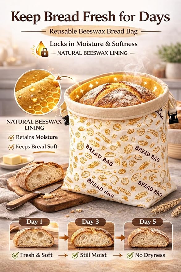 Banneton Bread Proofing Basket 9 Inch Round with Linen Liner & 16x13 XL Reusable Beeswax Bread Bag – Sourdough Proofing Basket, Banneton Basket, Large Bread Storage Bag