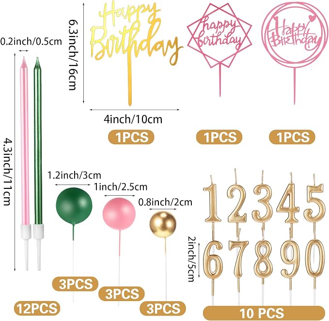 Yerliker 34 Pcs Happy Birthday Cake Toppers Decorations Birthday Candles DIY Cake Decor for Men Women Wedding Anniversary(Gold Green Pink)