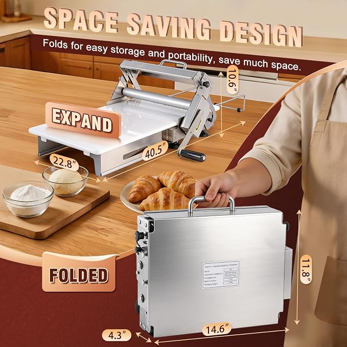Folding Dough Sheeter 12" Dough Roller Machine Adjustable Thickness Stainless Steel Pastry Sheeter for Pizza, Croissant, Puff Pastry, Fondant and Home Baking