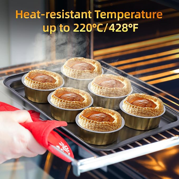 Beasea Disposable Ramekins with Lids, 120 Pack 8 oz 4 Inch Mini Gold Aluminum Foil Creme Brulee Baking Cups Small Round Cupcake Tart Pie Tins Pans Individual Containers Oven Safe for Baking