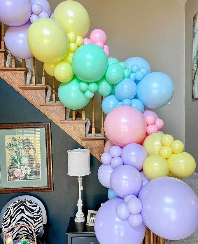 Pastel Rainbow Balloon Arch Garland Kit - 140pcs Different Sizes of Pastel Blue Yellow Purple Pink Balloons for Wedding Spring Macaron Easter Donut Ice Cream Birthday Party Decorations