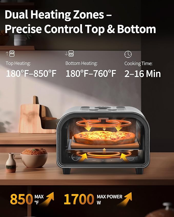 Countertop Electric Pizza Oven, 850°F, 6 Presets with DIY, Stainless | 90-Second 12 Inch Pizza, PID Top & Bottom Temp Control, Dual Knobs for Time & Temp, Always-On Light for Home Pizza Nights