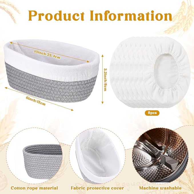 4 Pcs 10 Inch Bread Proofing Basket Set Cotton Rope Oval Banneton Basket Sourdough Bread with Liners Covers for Baking Supplies (Gray)