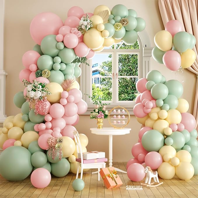 Pink and Green Balloon Arch Kit, 122Pcs Dusty Green Macaron Pink Yellow Matte Balloons for Girls Flower Birthday Bridal Wedding Engagement Floral Baby Shower Anniversary Tea Party Decorations
