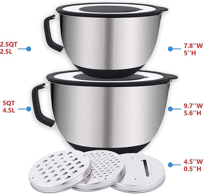 HAPPY KIT 18/8 Mixing Bowls With Lids Set of 2,Stainless Steel Mixing Bowl With Pour Spout, Non-slip Handle and Bottoms, 3 Grater Attachments, Measurement Marks & Lid, Size 5, 3QT(Black)