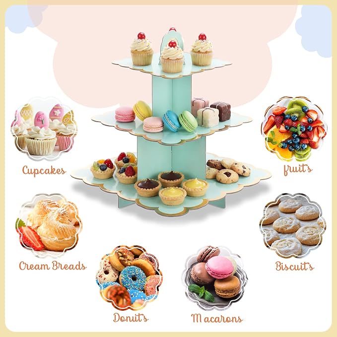 12 Pcs Tea Party Cupcake Stand Decorations Spring Cardboard Cupcake Tower 4 3-tier Cake Stands 3 2-tier Cake Holders 5 Trays for Flower Tea Party Princess Birthday Wedding Supplies(Macarons)