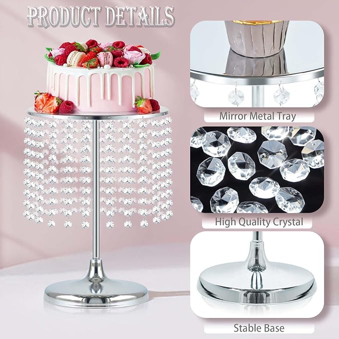 Metal Mirror Cake Stand Set with Crystal Pendants - Elegant Dessert Table Display for Weddings, Birthday Parties, Baby Showers, Events - Sturdy Crystal Bling Cupcake Stands for Pastries, Sweets, Decorations (Silver, Set of 6)