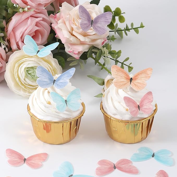 58Pcs Edible Butterflies Cake Toppers Wafer Paper Butterfly for Cake Cupcake Decorations Colorful Small Pastel Cupcake Topper for Wedding Birthday Baby Shower Cake Decoratings(Mix Color & Size)