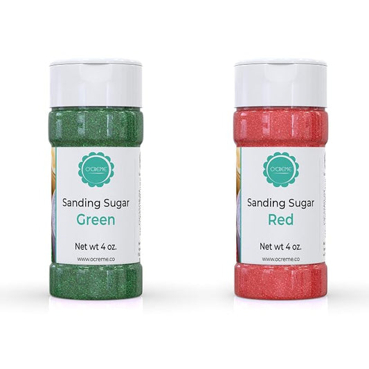 O’Creme Sanding Sugar for Cookie Decorating – Eye-Catching Christmas-Kit Sugar Crystals for Unique Cake Toppings, Cupcakes and Cookies – Ideal Decoration Solution - Red and Green, 4 Ounce Each