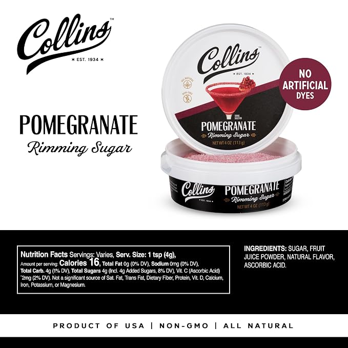 Collins Pomegranate Rimming Sugar, Bright & Tangy Cocktail Sugar Rim with Vibrant Ruby Hue, Grenadine Flavored Garnish for Martinis, Margaritas, Cosmos & Mocktails, 4 oz