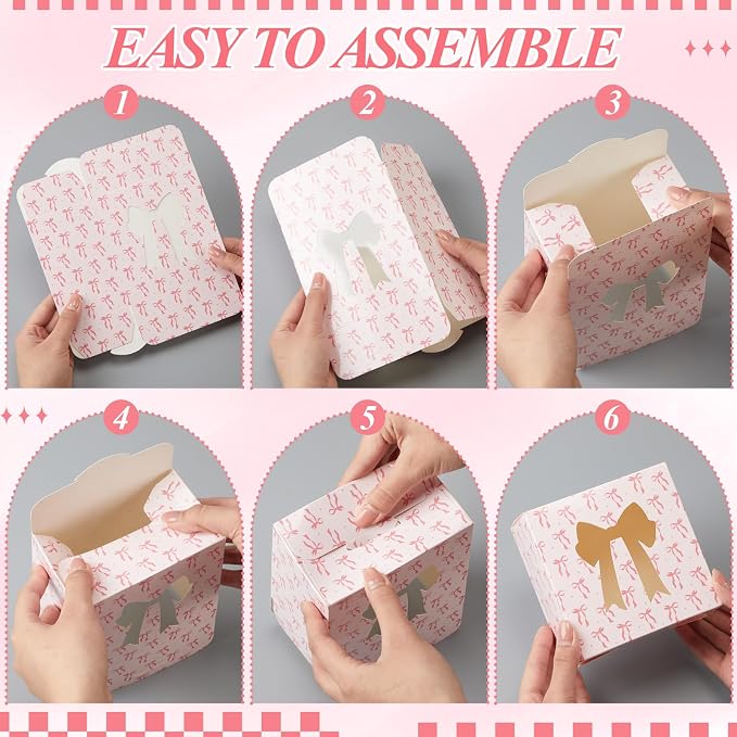 50 Pack Pink White Bow Cookie Boxes with Window 5x5x3 Inch Small Bakery Treat Boxes for Pastry Donuts Macaroon Cupcakes Tea Party Birthday Wedding Bridal Shower Favors