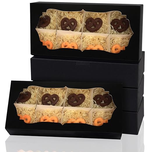 qiqee Black Cookie Box with Window 12x5.5x2.5 inch 24Pcs Two Uses Donut Bakery Box for Packaging(24pcs Bakery Boxes+12 Sets Cookie Dividers+25pcs Sliver Stickers)