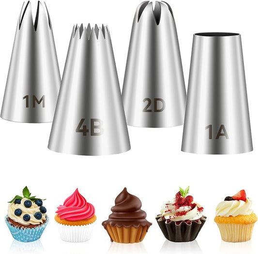 4pcs Cake Piping Tips, Decorating Supplies, Nozzles, Baking Tools for Buttercream, Icing, Birthday Cakes, Cupcakes, DIY Art - 1M 2D 4B 1A