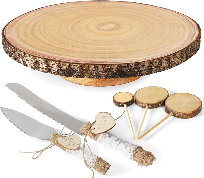 Relaxing Garden 12 Inch Bark Edge Wood Cake Stand Set with Toppers | Sealed 12 in bark-edge wood stand with knife, server and 3 write-on toppers for wedding, birthday and shower cakes