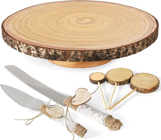 Relaxing Garden 12 Inch Bark Edge Wood Cake Stand Set with Toppers | Sealed 12 in bark-edge wood stand with knife, server and 3 write-on toppers for wedding, birthday and shower cakes