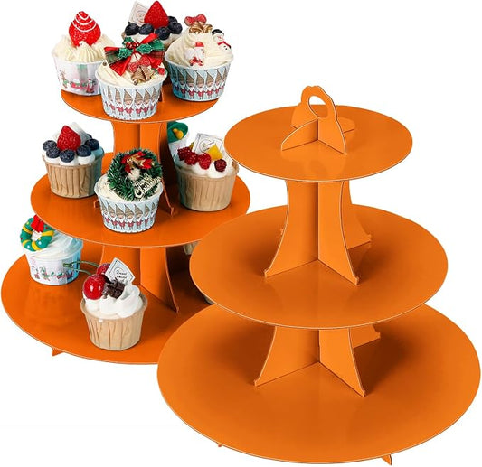 YLDW Cupcake Stand 2Pcs, 3-Tier Cupcake Stand Display, Cardboard Cup Cake Tower Stand, Disposable Dessert Stand for Birthday Tea Party Baby Shower Treat Decorations, Orange