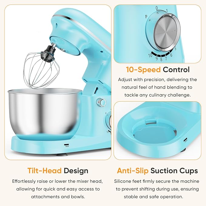 NEWBULIG Stand Mixer, Kitchen Aid Mixers Alternative, 300W 4.2Qt 10-Speed Electric Standing Mixer with Dough Hook, Whisk, Beater & Multi-Cover for Baking, Cakes and Home Cooking Needs