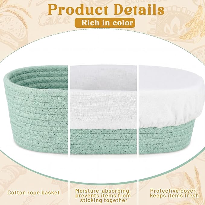 4 Pcs 10 Inch Bread Proofing Basket Set Cotton Rope Oval Banneton Basket Sourdough Bread with Liners Covers for Baking Supplies (Green)