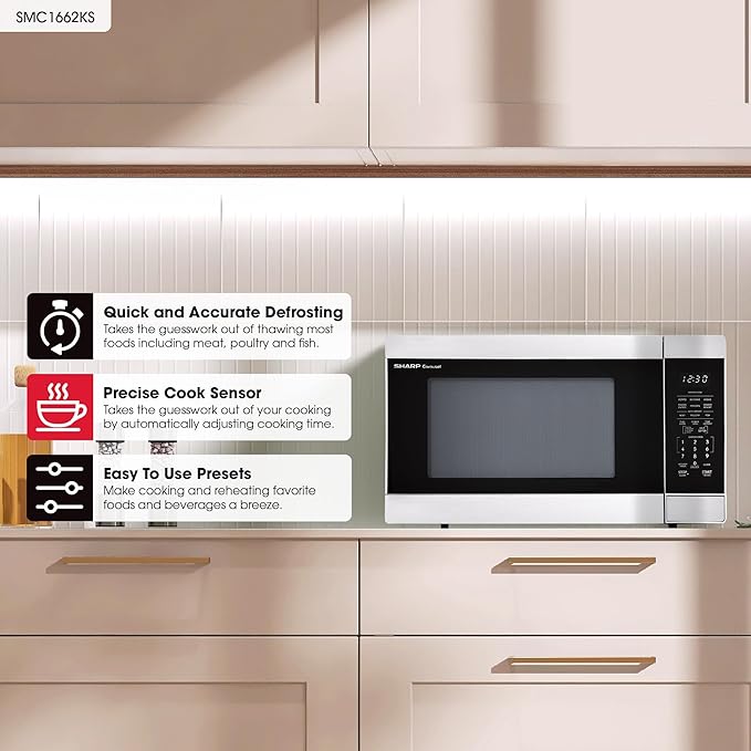 SHARP Countertop Microwave Oven with Removable 13.6" Carousel Turntable, 1100 Watt, 1.6 Cubic Feet, Stainless Steel