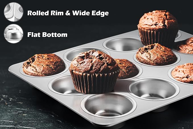 Leonyo Non-Toxic Stainless Steel Muffin Cupcake Pan 12 Cup, 2 Pack | Standard Size Metal Muffin Tin Tray for Baking Cupcake Quiches, Dishwasher Oven Safe