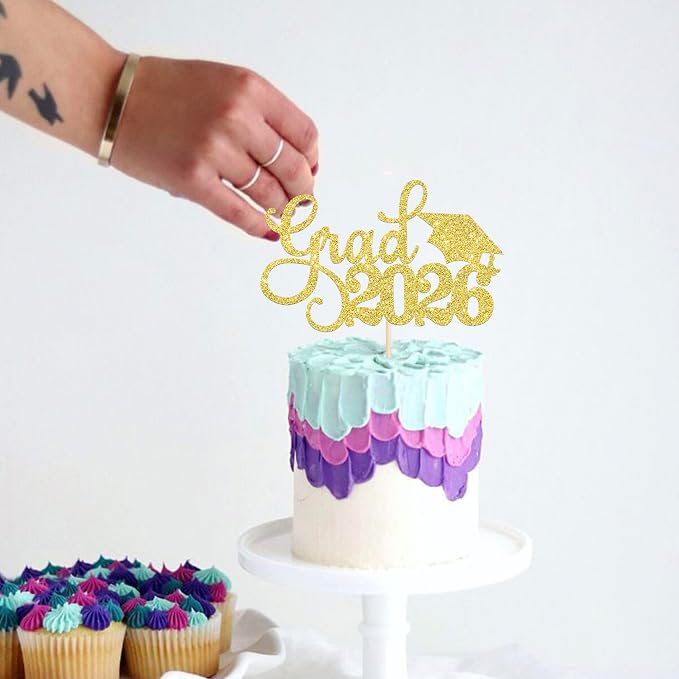 1 Pack Grad 2026 Cake Topper with Glitter Congrats Grad Cap Class of 2026 Cake Pick Decorations for 2026 Graduation Theme School Boys Girls Graduate Party Supplies Gold