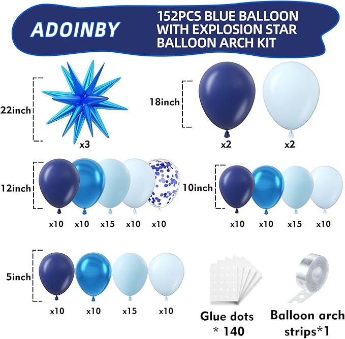 Blue Balloon Arch Kit, 152Pcs Chrome Macaron Navy Blue Balloons and Stars Balloon Garland kit, Different Size Balloons Kit for Men Birthday Graduation Baby Shower Anniversary Party Decorations