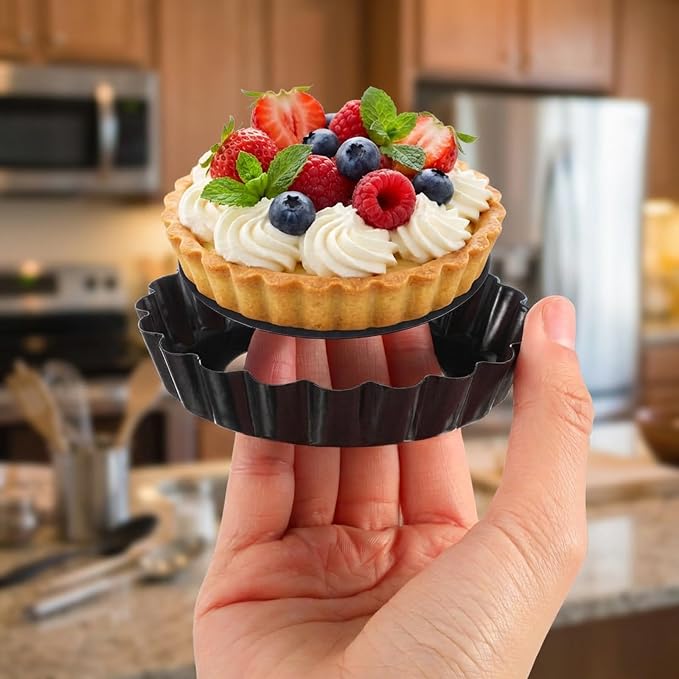 16 Pcs Mini Tart Pans with Removable Bottom, 4 Inch Nonstick Carbon Steel Round Quiche Pie Pans, Reusable Bakeware Mold for Desserts Tarts Pies and Cupcakes, Black