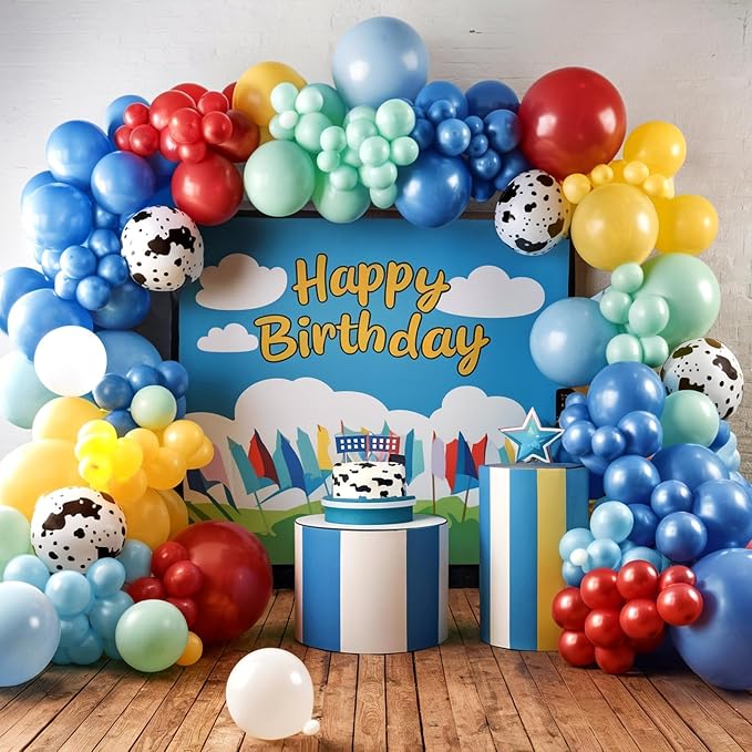 Rainbow Balloons Arch Kit, 108 Pcs Red Yellow Blue Balloon Garland with Cloud Cow Printed Latex Balloons Helium for Kids Boy Baby Shower Birthday Theme Party Decoration