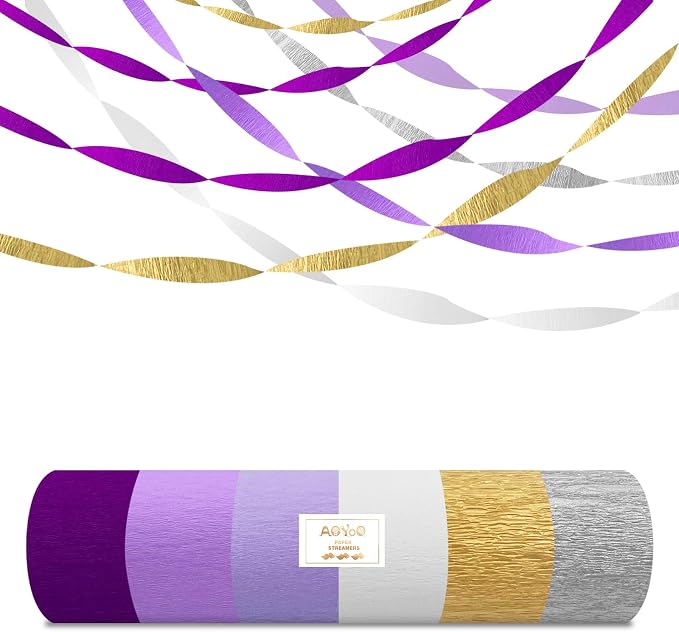 AOYOO Crepe Paper Streamers, 6 Rolls Purple Gold and Silver Party Streamers, Lavender White Decorations for Rapunzel Birthday, Graduation, Princess Theme Party and Wedding Supplies