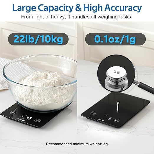 100% Waterproof Food Scale, IP67 Digital Kitchen Scale, Rechargeable (USB-C), 1g/0.1oz Precision, 22lb Capacity, Tempered Glass, LED Display, for Baking, Cooking, Making Sourdough Bread, Black