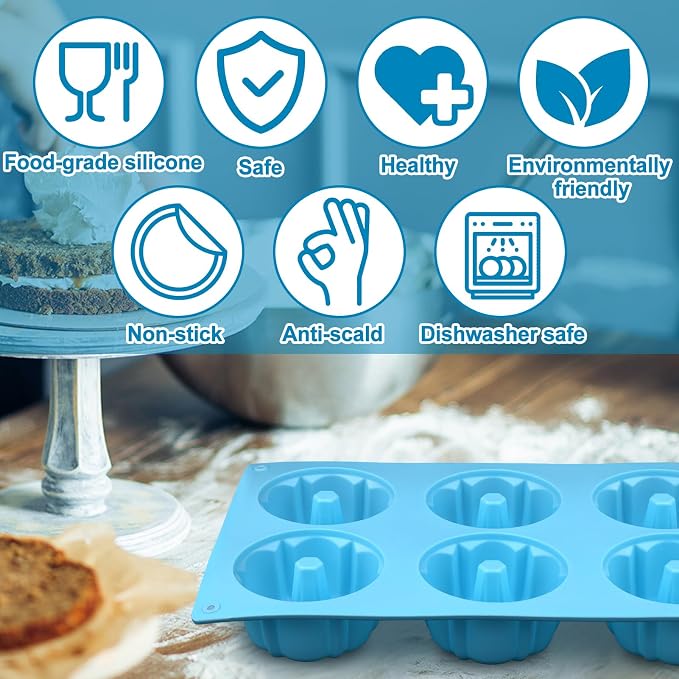 Palksky Mini Fluted Tube Pan Silicone 6-Cavity(3PCS), Multi-Cavity small Cake Baking Pan, mini moldes para chocoflan