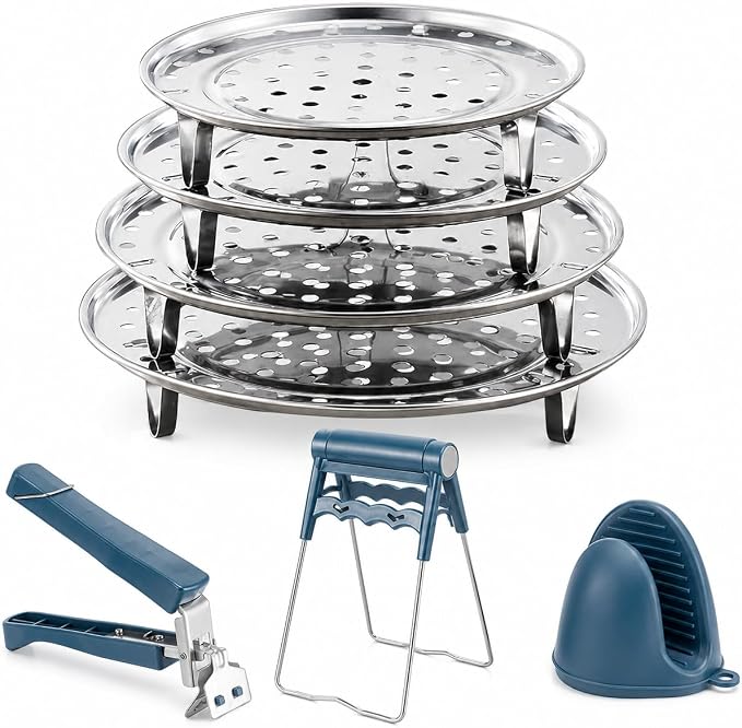 4 Pack Stainless Steel Steamer Rack for Pots, Tamales, Canning | Round racks with removable legs for stock pots, pressure cookers, vegetables, dumplings, and cooling baked goods.