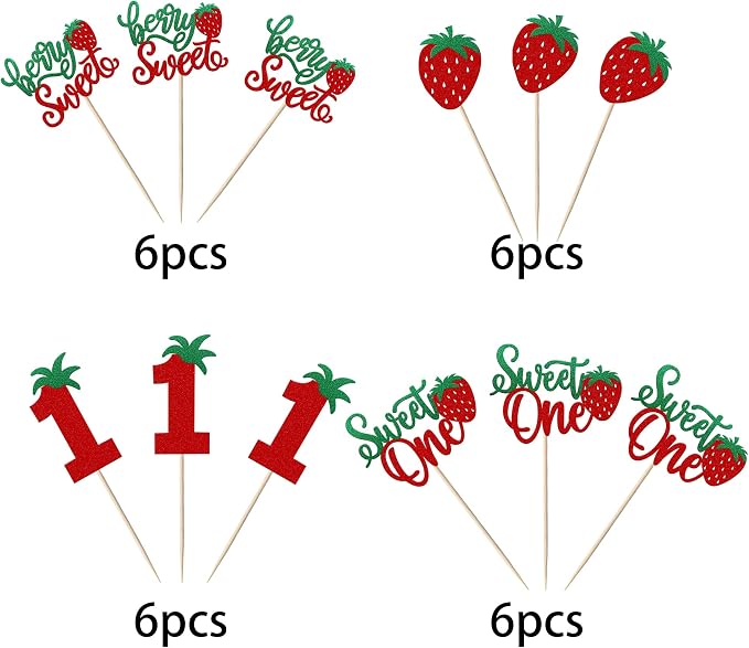 24 Pack Sweet One Cupcake Toppers Glitter First Birthday Strawberry Cupcake Picks for Fruit Baby Shower 1st Birthday Berry Sweet Cupcake Decorations Party Supplies Green