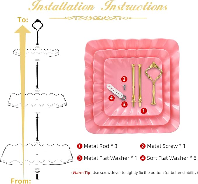 DAFURIET Dessert Cupcake Stand, 3 Tier Cup Cake Holder Tower for Tea Party/Birthday/Wedding, Plastic Tiered Serving Tray with Metal Rod, Pink