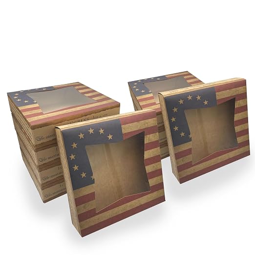 SCT 2484 USA Kraft Paperboard Flag Design Print Window Bakery Box, 10" Length x 10" Width x 2-1/2" Height (Case of 150)