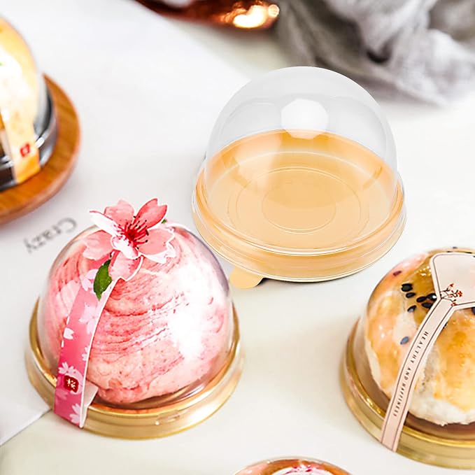 200 Pack Plastic Mini Cake Box, Clear Cupcake Box with Dome Lids, Round Cupcake Boxes Plastic Cupcake Holders for Mooncakes, Cookies, Desserts, Gold Base