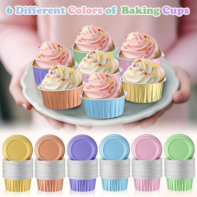 200 Pack Aluminum Foil Cupcake Liners with Lids, 5 oz Round Baking Cup, Disposable Ramekin Container for Graduation Wedding Independence Day Party(Macaron Color,Plain)