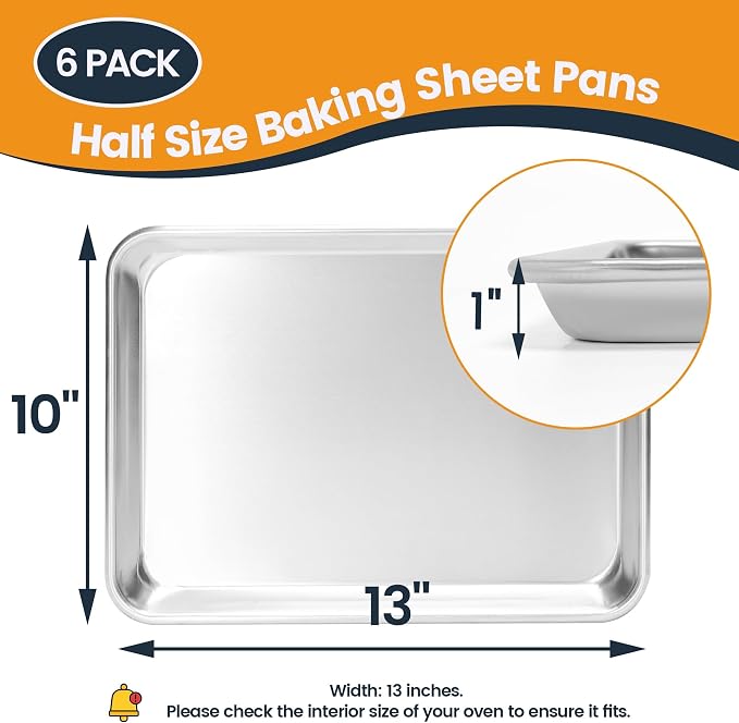 6 Pack Quarter Size Aluminum Baking Sheet Pan, 13 x 10 in | NSF, Aluminum Commercial Cookie Sheets, Non-Stick, Oven Safe Up to 500℉