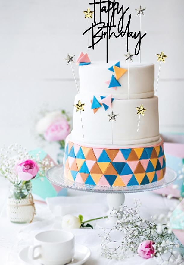 Happy Birthday Cake Topper - Black & Silver Stars (5pcs Each) for Party Decoration