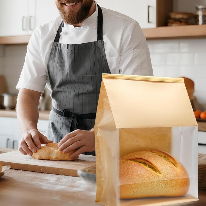 50PCS Bread Bags for Homemade Bread 13.7×9.8×4.9inch Paper Breads Bag with Clear Window Tin Tie Tab Lock Large Kraft Sourdough Breads Bag Paper Bakery Bags for Cookies