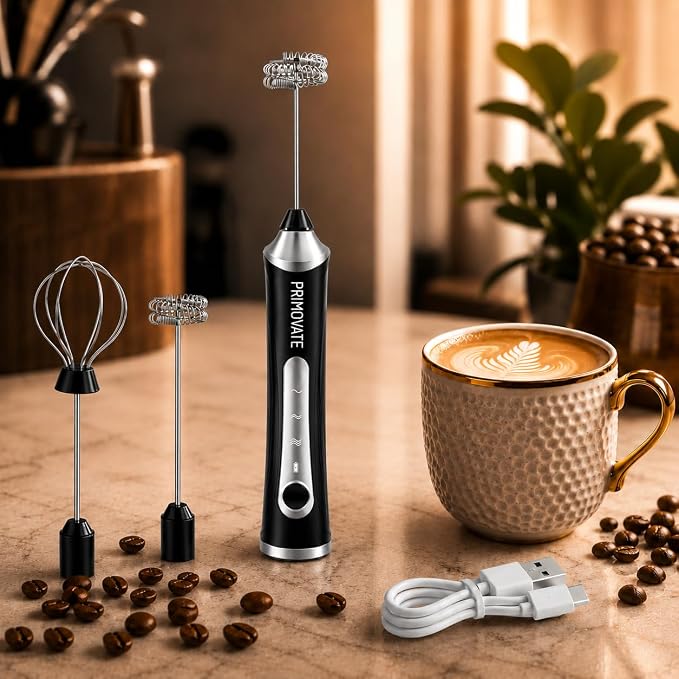 Rechargeable Milk Frother Handheld, Electric Coffee Frother with 2 Whisk, 3-Speed Powerful Drink Mixer, USB-C, Milk Foamer for Coffee,Latte,Cappuccino,Matcha & HotChocolate(Black no Stand)
